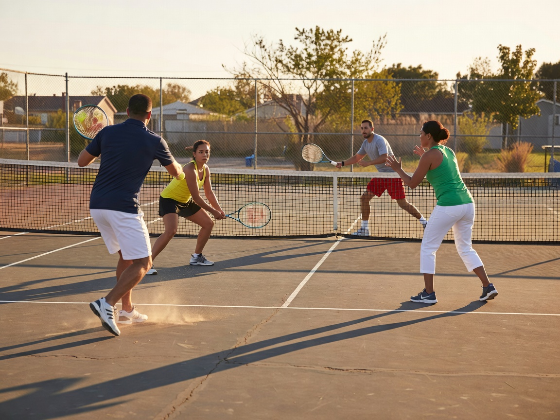 Adults playing a doubles game on an outdoor community court in afternoon light