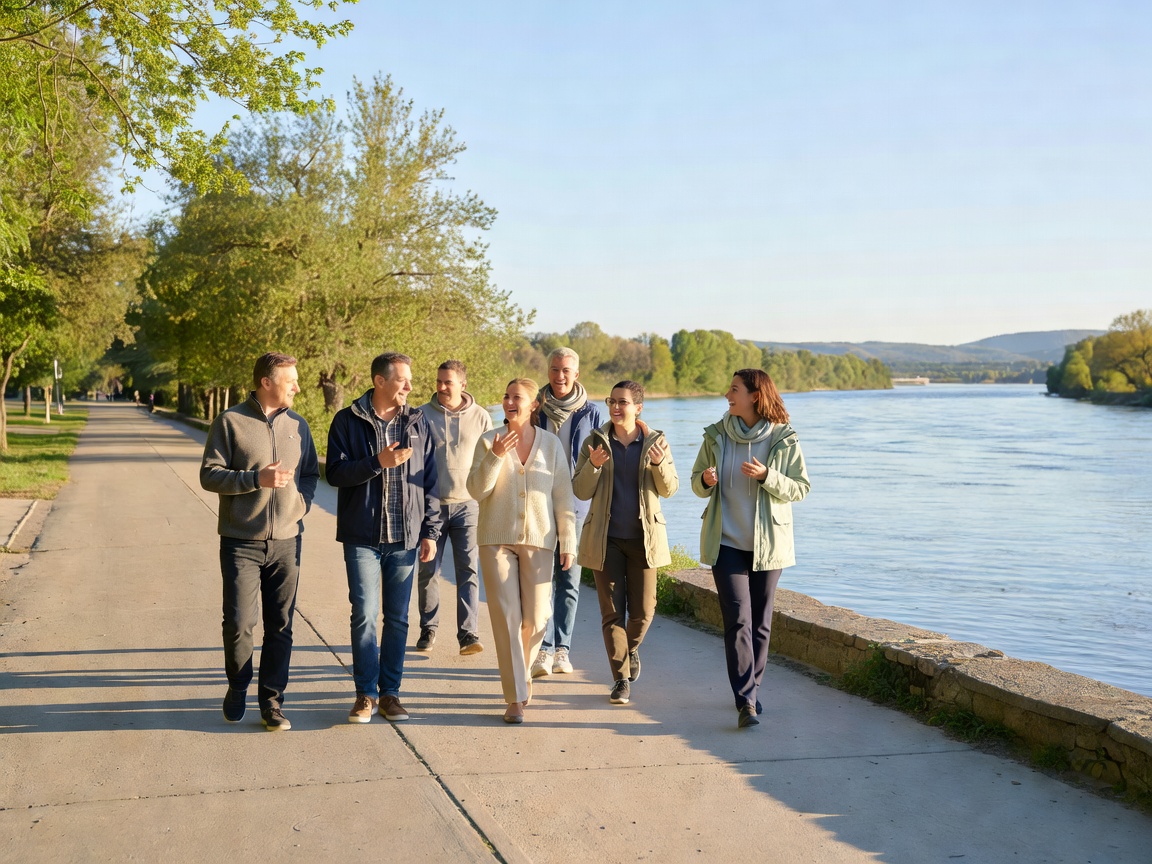 Group of adults walking and chatting along a riverside path on a bright morning