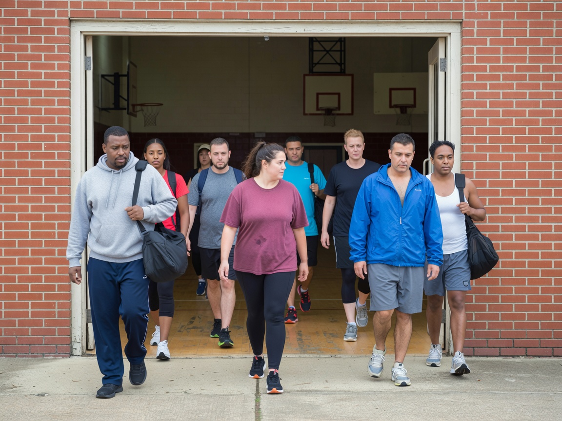 Adults in everyday sportswear arriving at the open doorway of a community sports hall