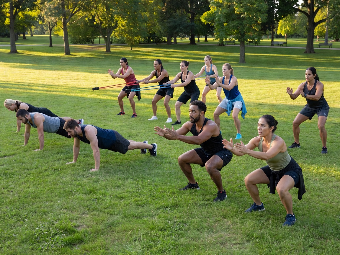 Adults doing a station-based training session together on a park lawn in natural daylight